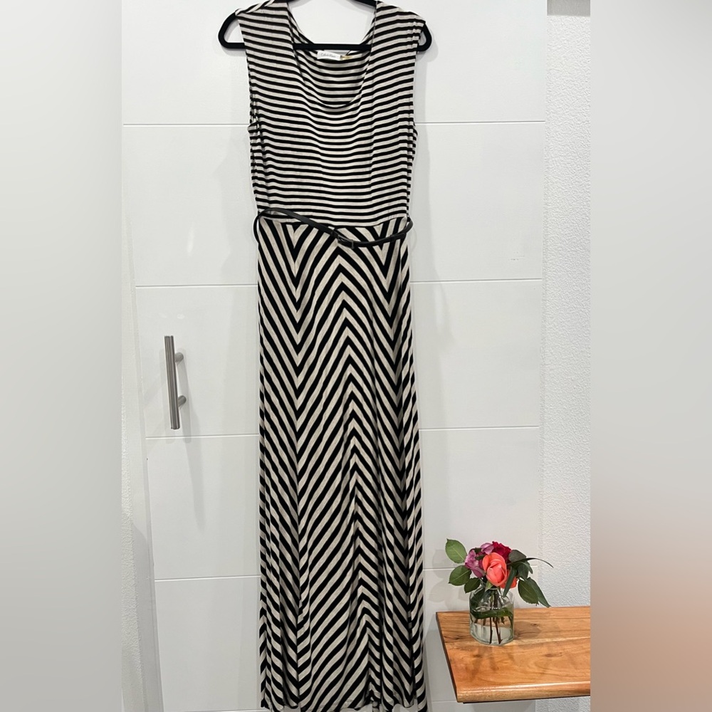 Calvin Klein Black and White Striped Sleeveless Maxi Dress